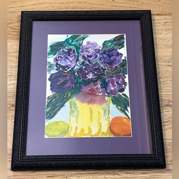 Signed Original Impressionist Style Floral Fruit Still Life Watercolor Painting - Picture 2 of 10